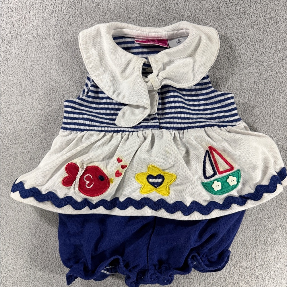 Vintage 80s Kids Headquarters Blue and White Nautical Romper